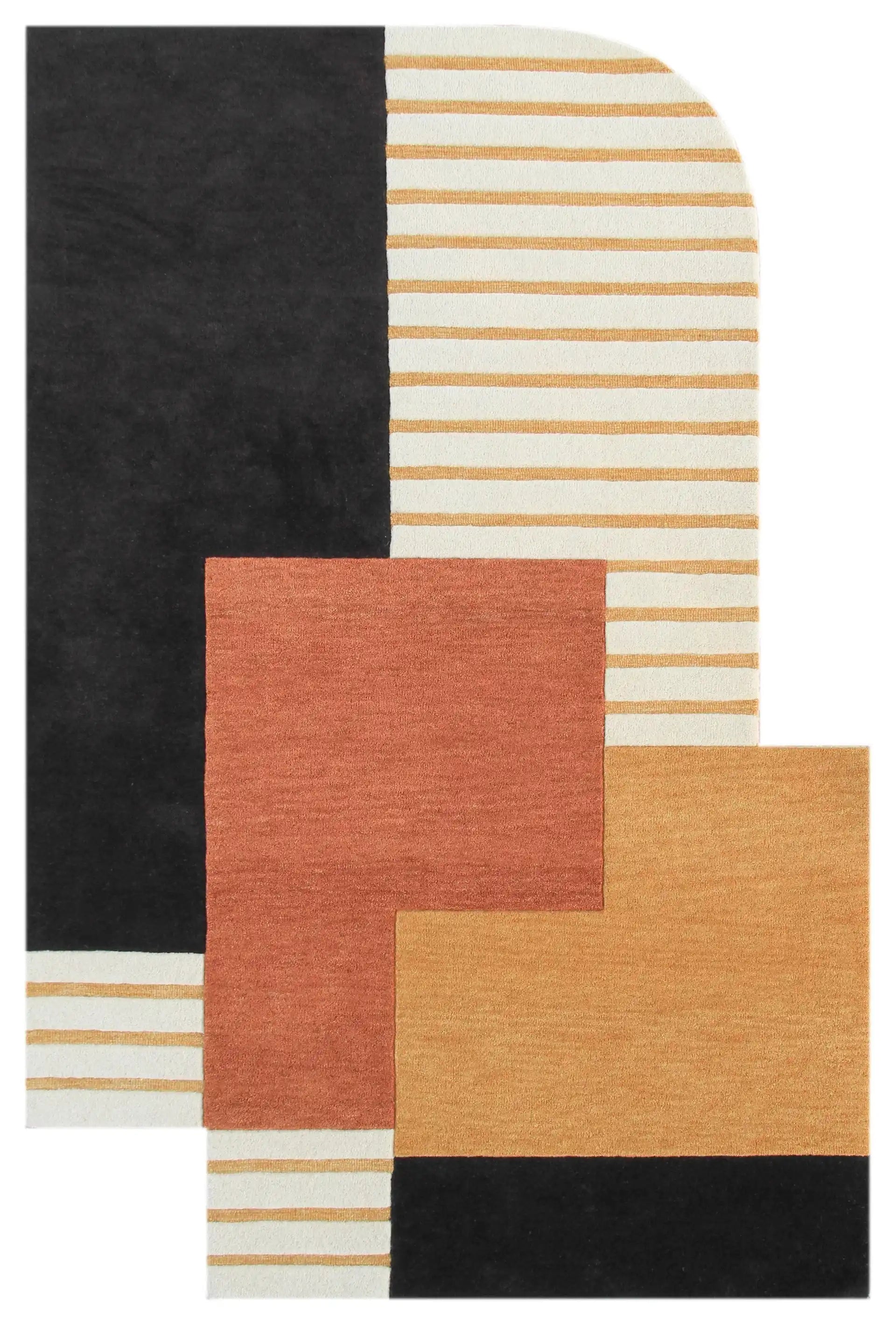 Modern geometric colorblock area rug in black, rust, and gold.
