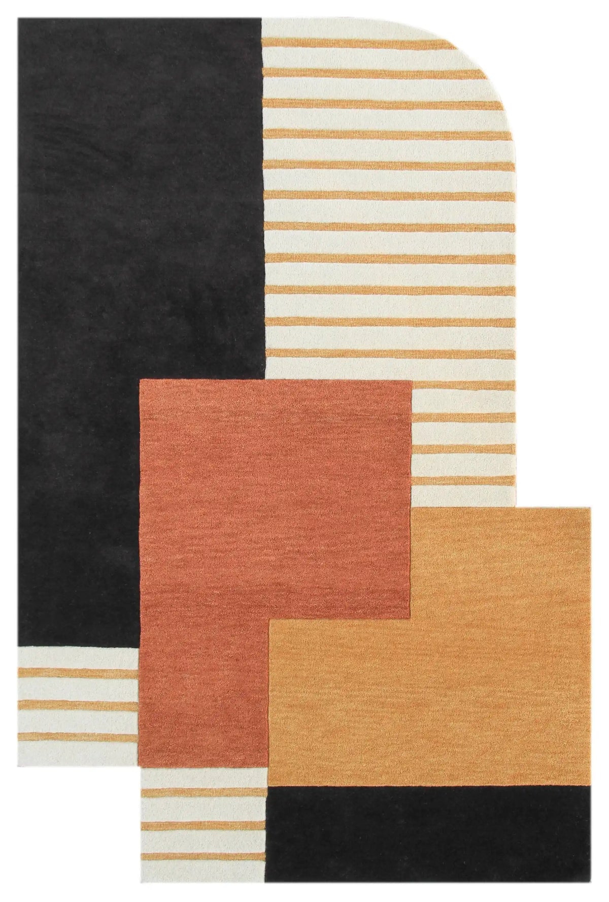 Modern geometric colorblock area rug in black, rust, and gold.