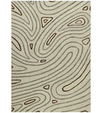 Handwoven tufted rug with abstract brown and beige swirl pattern by Mannat Rugs