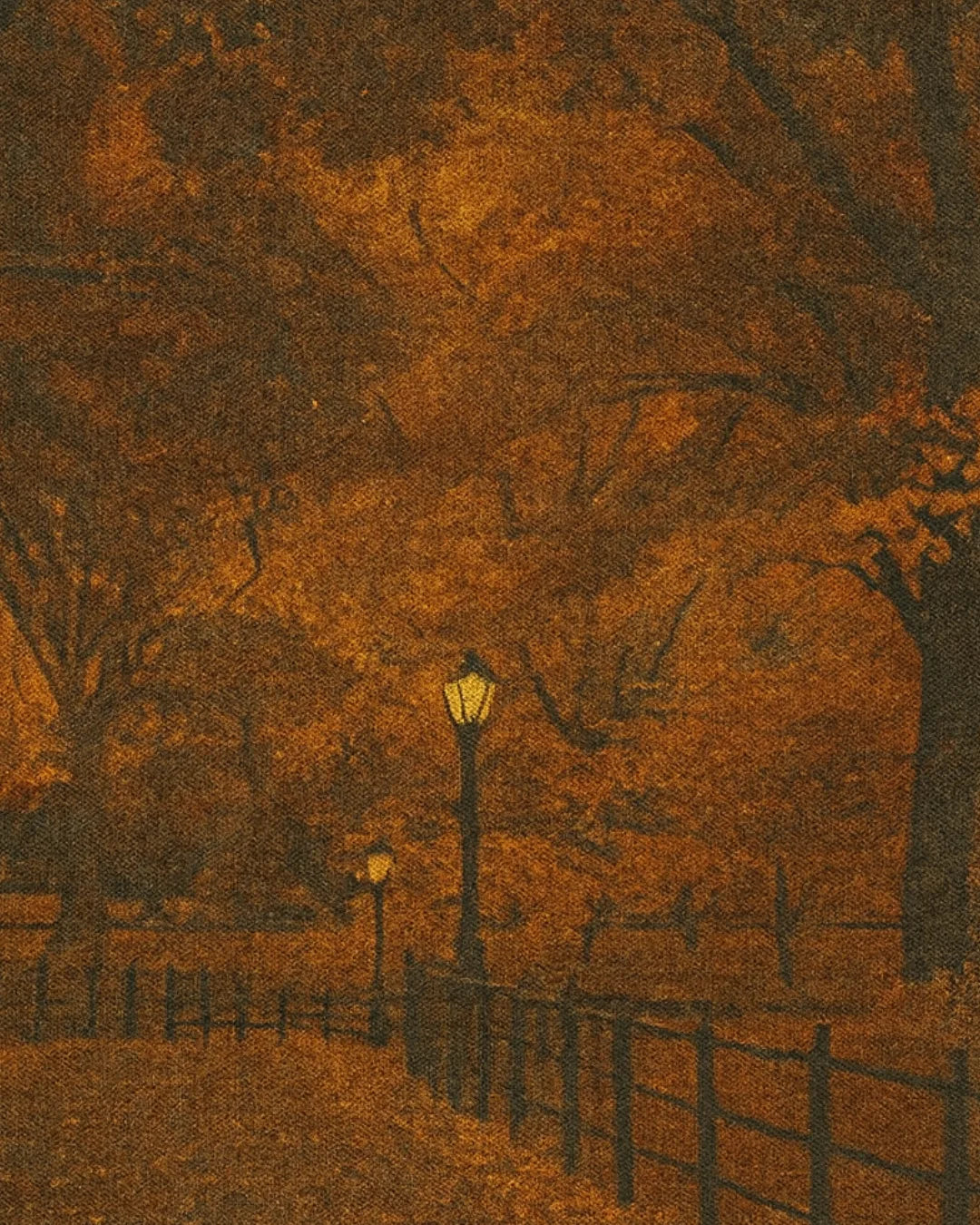 Scenic autumn park rug with lamppost design in cozy warm tones.