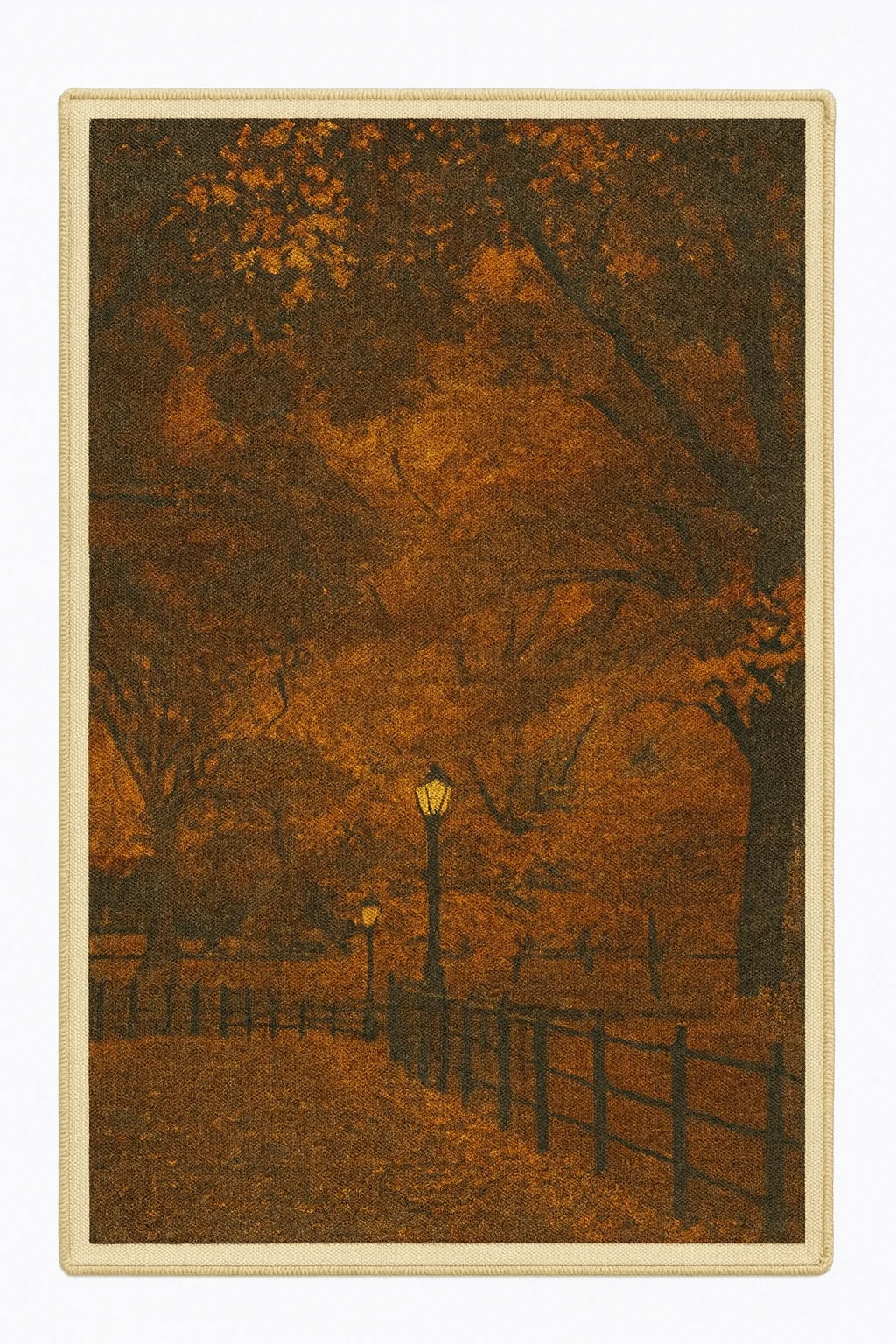 Autumn evening rug with glowing lampposts and tree-lined park path.