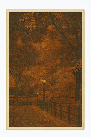 Autumn evening rug with glowing lampposts and tree-lined park path.