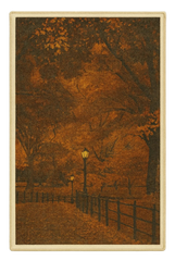 Autumn evening rug with glowing lampposts and tree-lined park path.