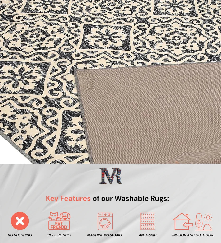 Washable cream rug blending floral and geometric motifs.