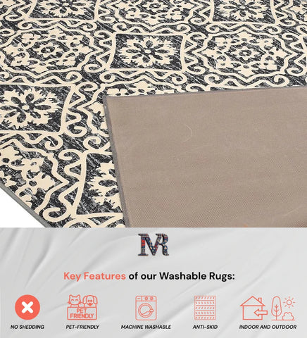 Washable cream rug blending floral and geometric motifs.