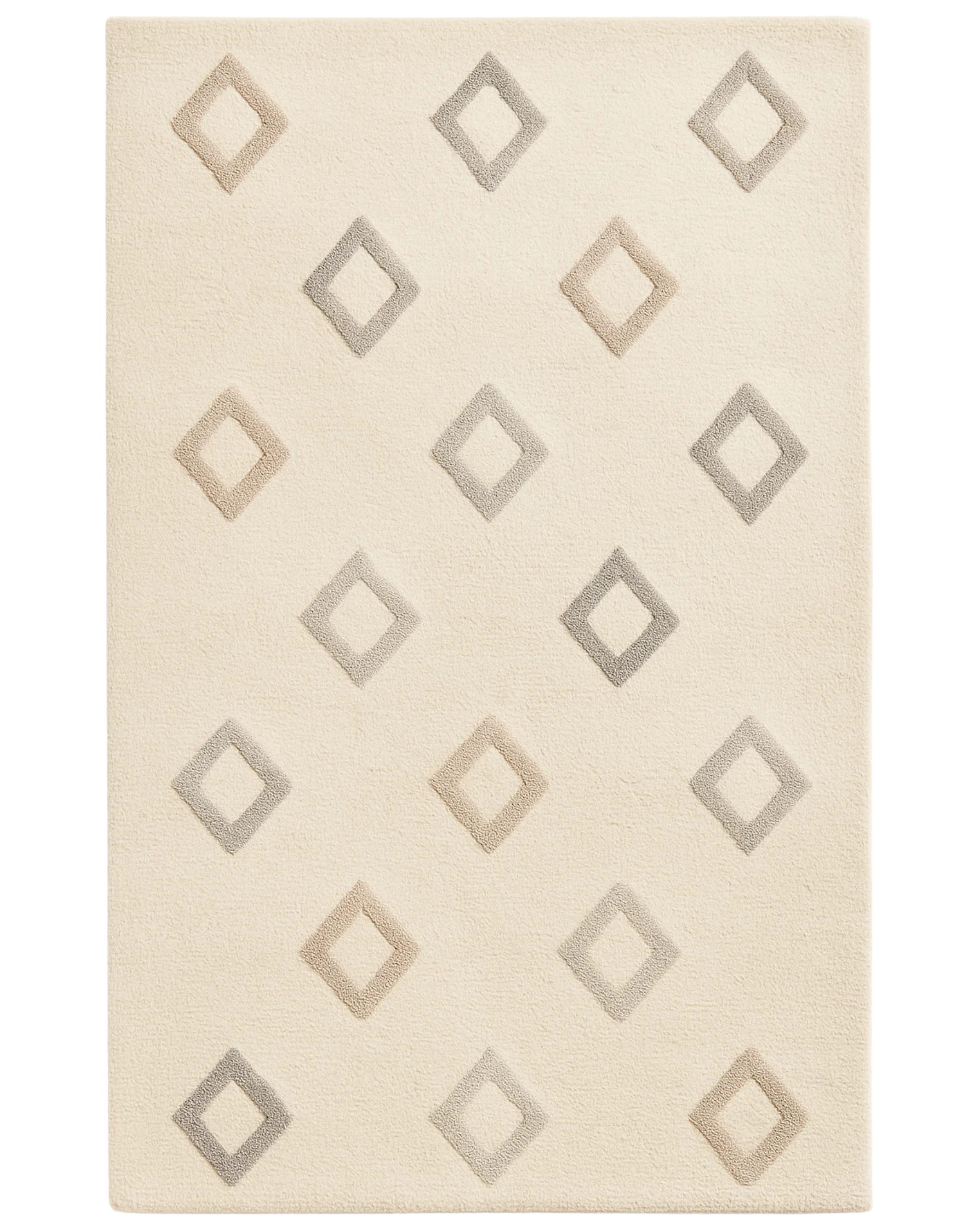 Cream hand-tufted wool diamond rug with minimalist geometric pattern.