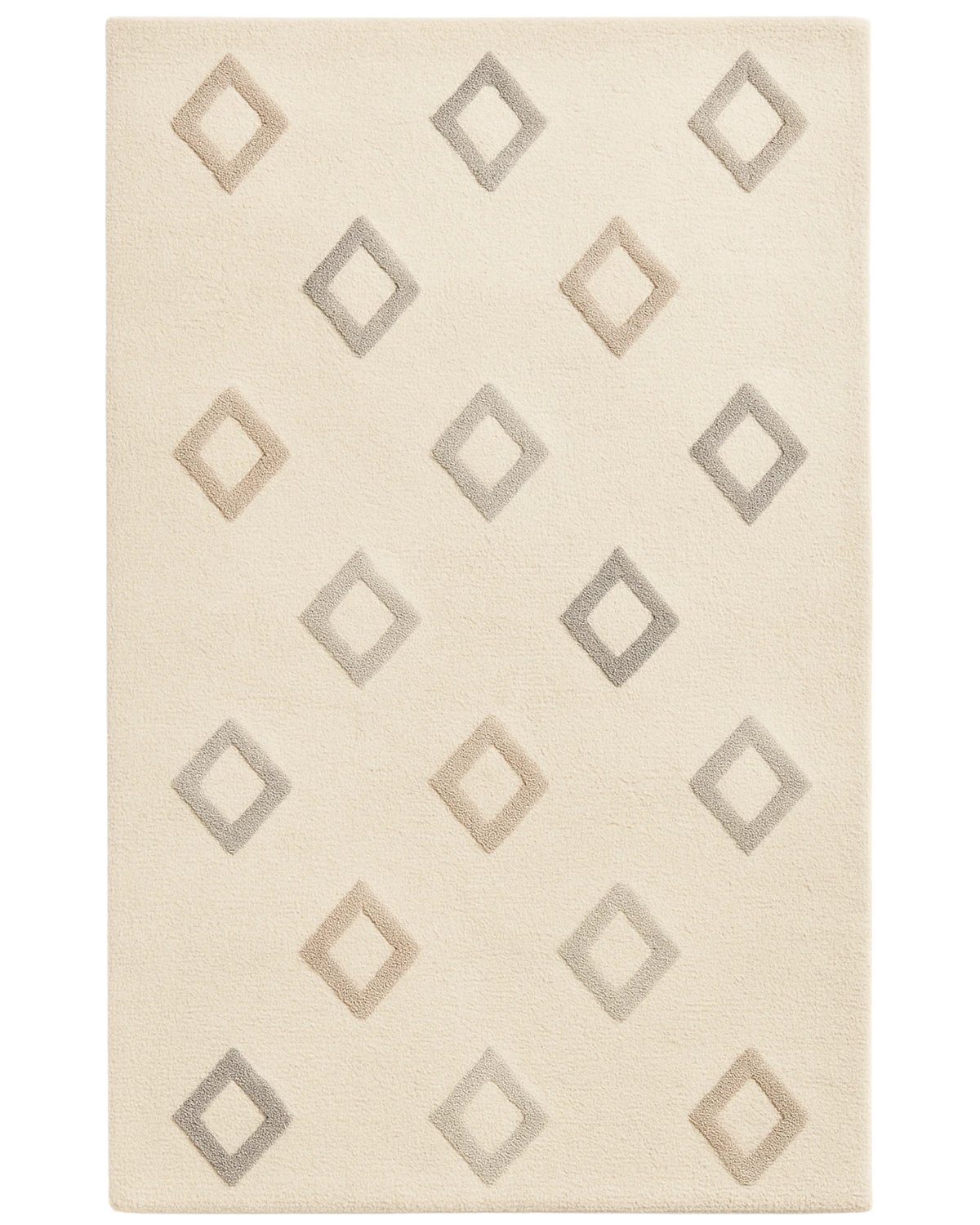 Cream hand-tufted wool diamond rug with minimalist geometric pattern.