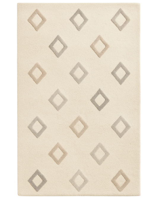 Cream hand-tufted wool diamond rug with minimalist geometric pattern.