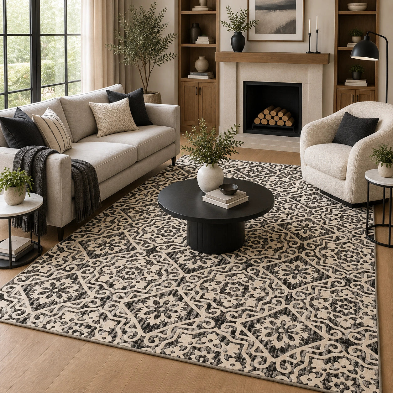 Cream geometric floral rug