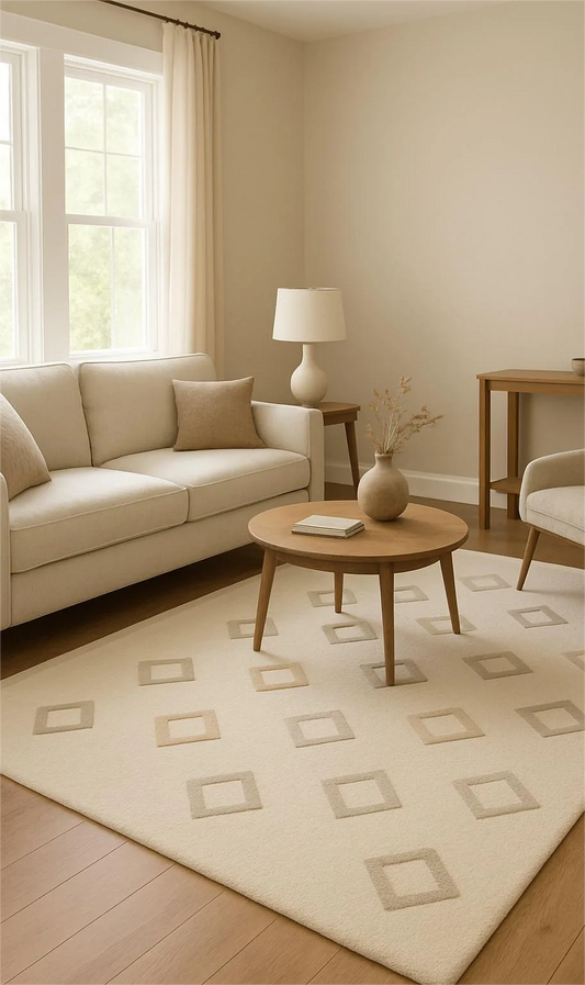 Minimalist cream diamond rug – luxury wool handcrafted design.