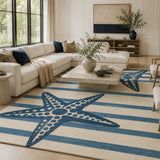 Cream and Navy Blue Starfish Area Rug - Hand Tufted