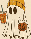 Cute cartoon ghost wearing a mustard beanie, holding a pumpkin bucket and iced drink, Halloween rug design