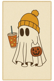 Cute Halloween ghost wearing orange beanie holding iced drink and jack-o'-lantern pumpkin basket