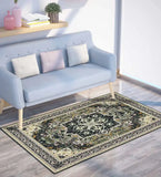 Dark green Heriz rug with intricate geometric patterns on light wood floor under a modern light blue sofa with cushions