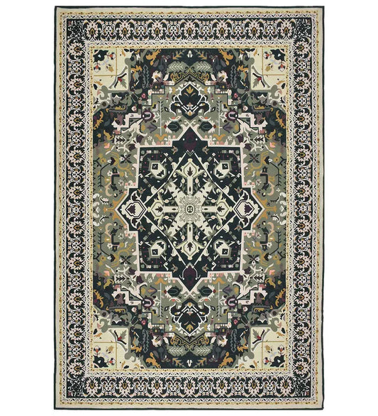 Dark green Heriz style machine washable rug.