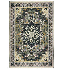 Dark green Heriz style machine washable rug.
