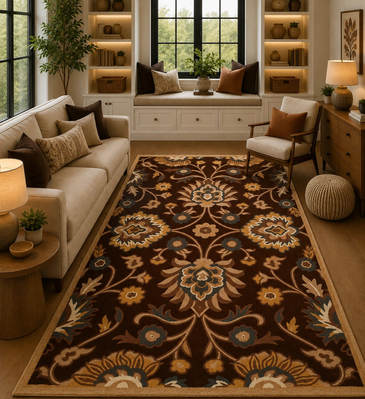 Dark brown traditional wool rug