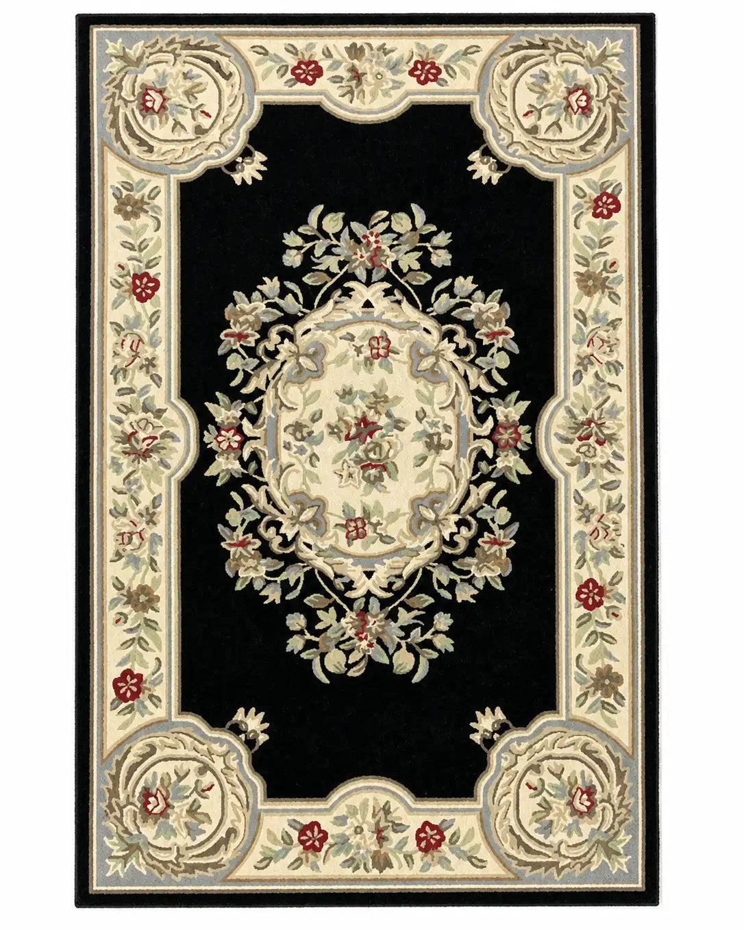 Decorative rug with floral patterns on a black background

