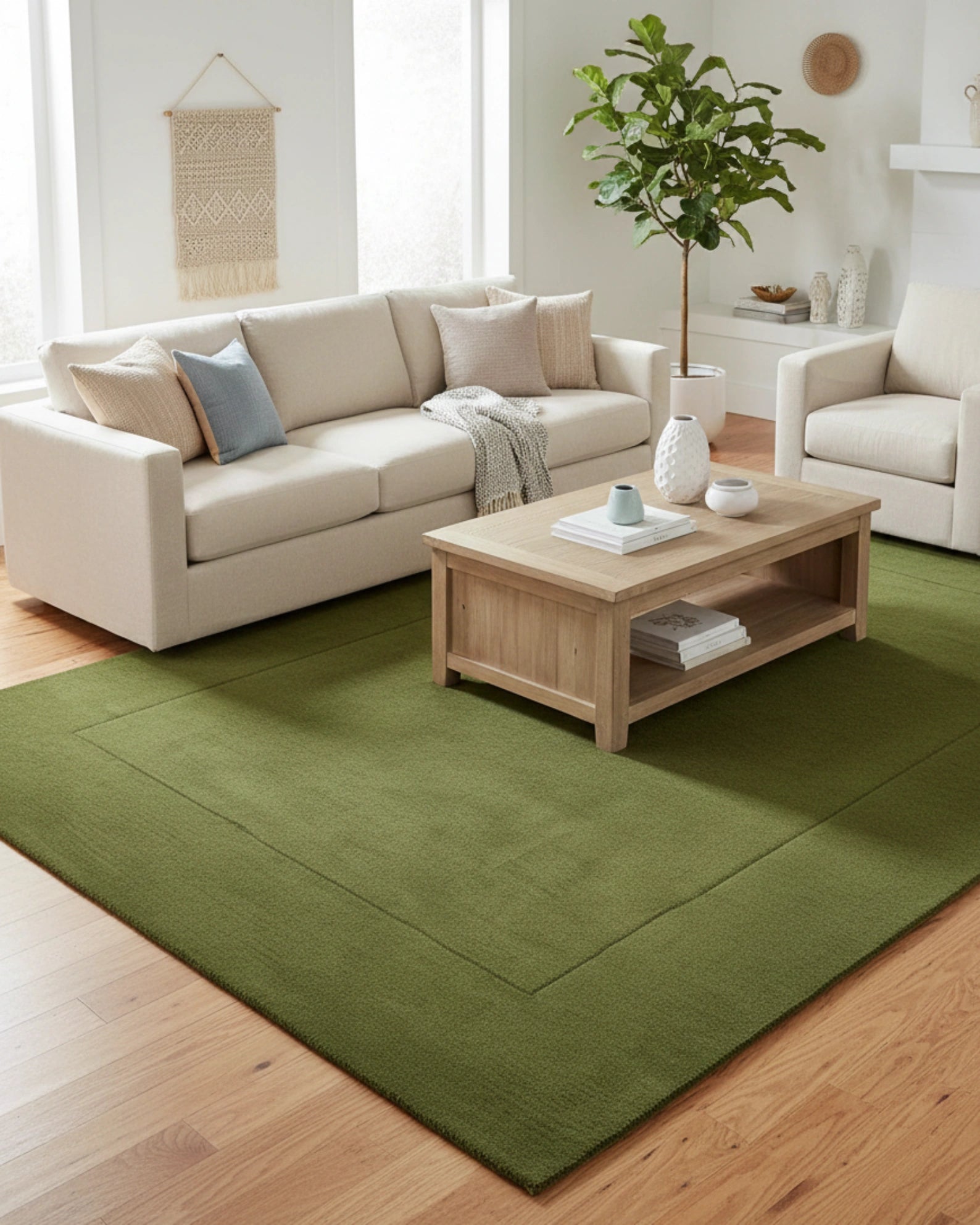 Deep green solid minimalist area rug with a hand-tufted finish, placed in a living room to create a calm, modern, and refined interior accent