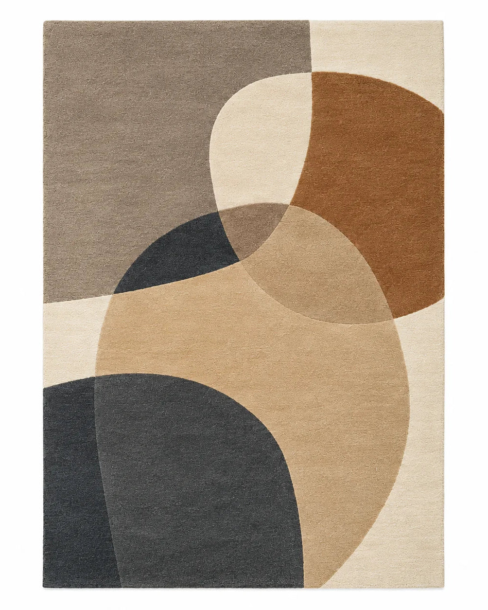 Beige and brown 9x12 rectangular abstract wool rug for living room with overlapping geometric shapes
