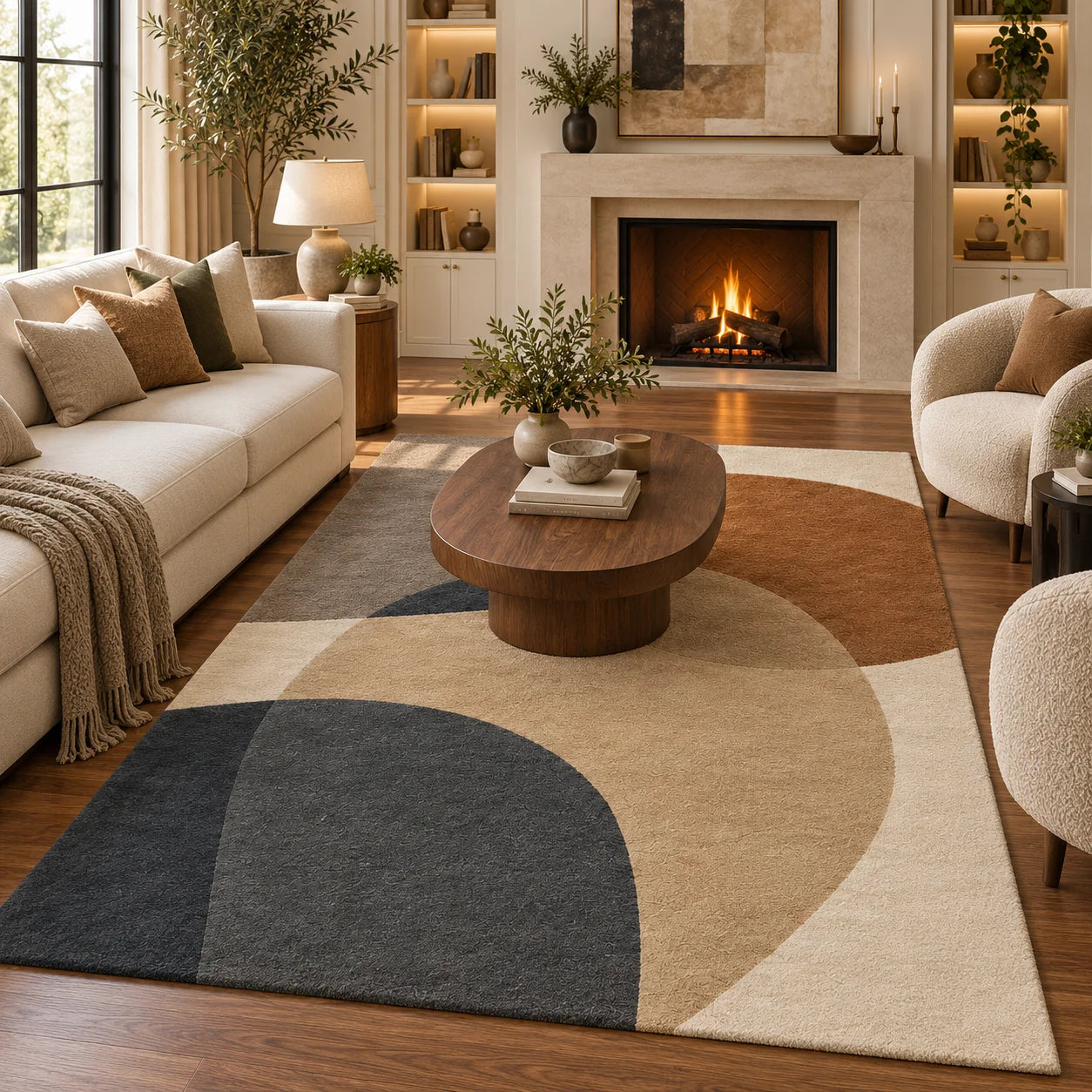 Taupe and ivory 8x10 rectangular wool area rug for bedroom with modern abstract color blocks