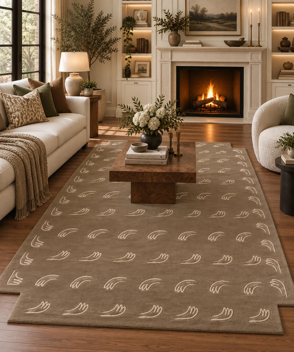 A large rectangular area rug in taupe-brown with a repeating cream wave-like pattern, shown in a styled living room with a sofa, coffee table, fireplace, and wood floor.