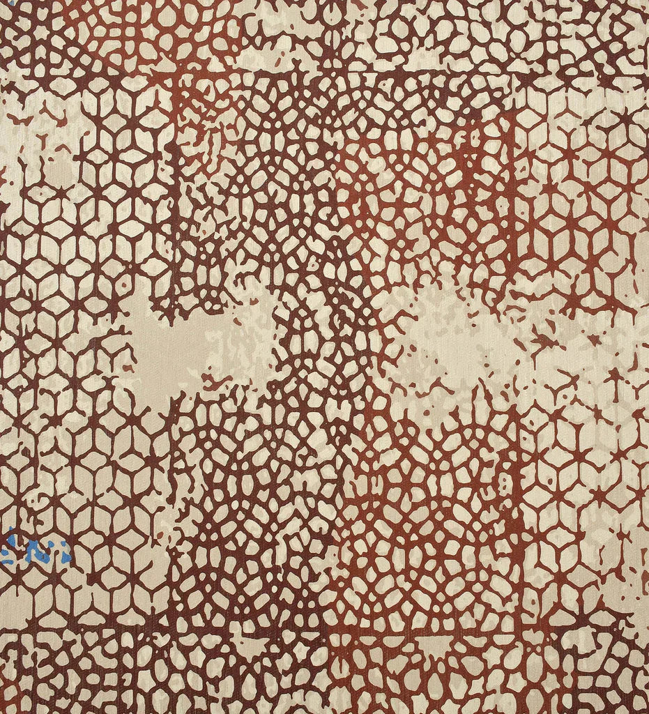 Low-profile distressed rug with teal and terracotta accents.