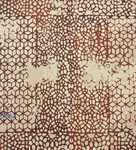 Low-profile distressed rug with teal and terracotta accents.