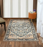 Distressed vintage-style area rug with geometric and floral patterns on wood floor in bright room