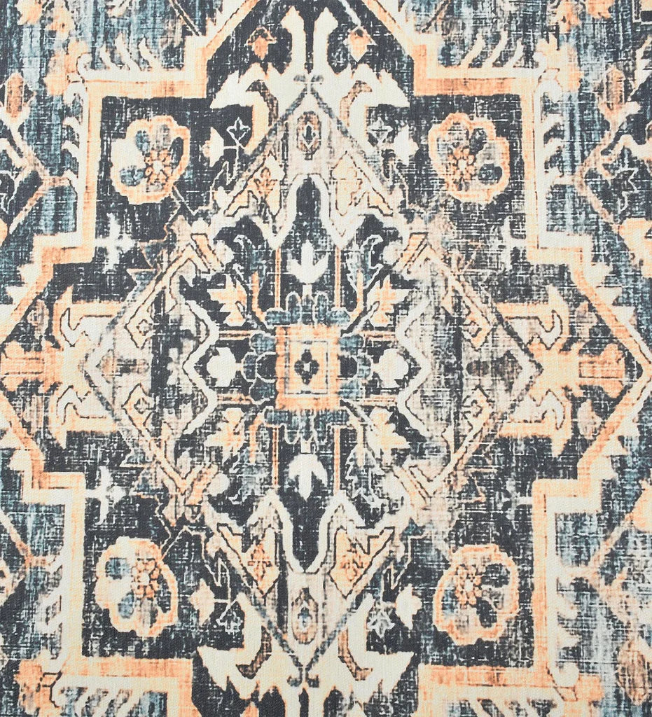 Low-profile rug with beige, blue, and terracotta distressed design.