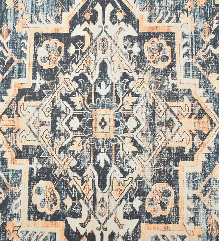 Low-profile rug with beige, blue, and terracotta distressed design.
