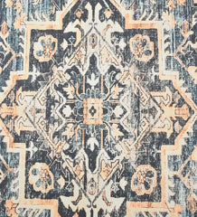 Low-profile rug with beige, blue, and terracotta distressed design.