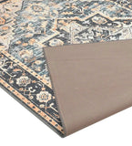 Close-up of a luxury distressed vintage-style rug with floral geometric patterns and non-slip backing