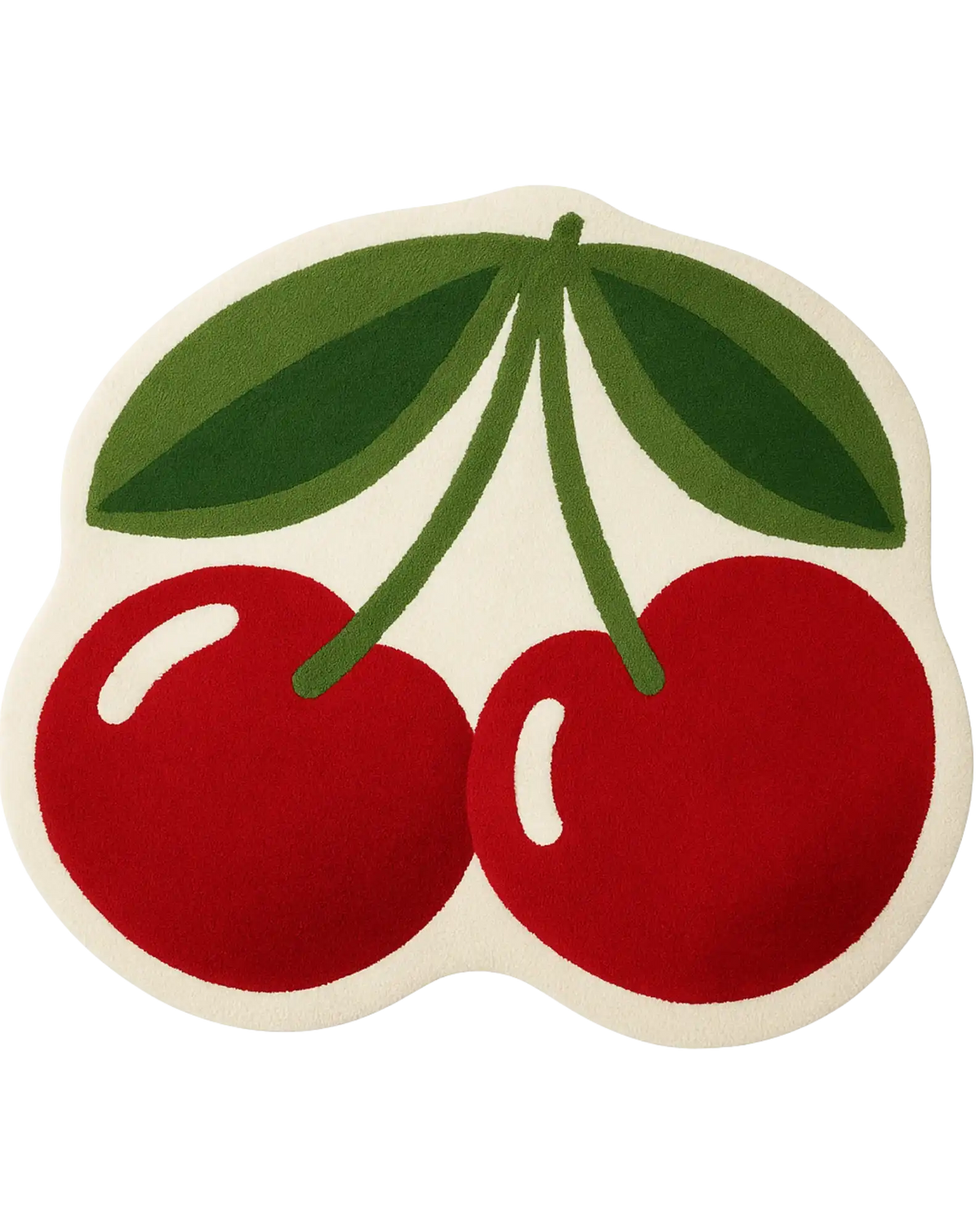 Hand-tufted double cherry wool rug with bold red fruit and green leaves.