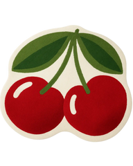 Hand-tufted double cherry wool rug with bold red fruit and green leaves.