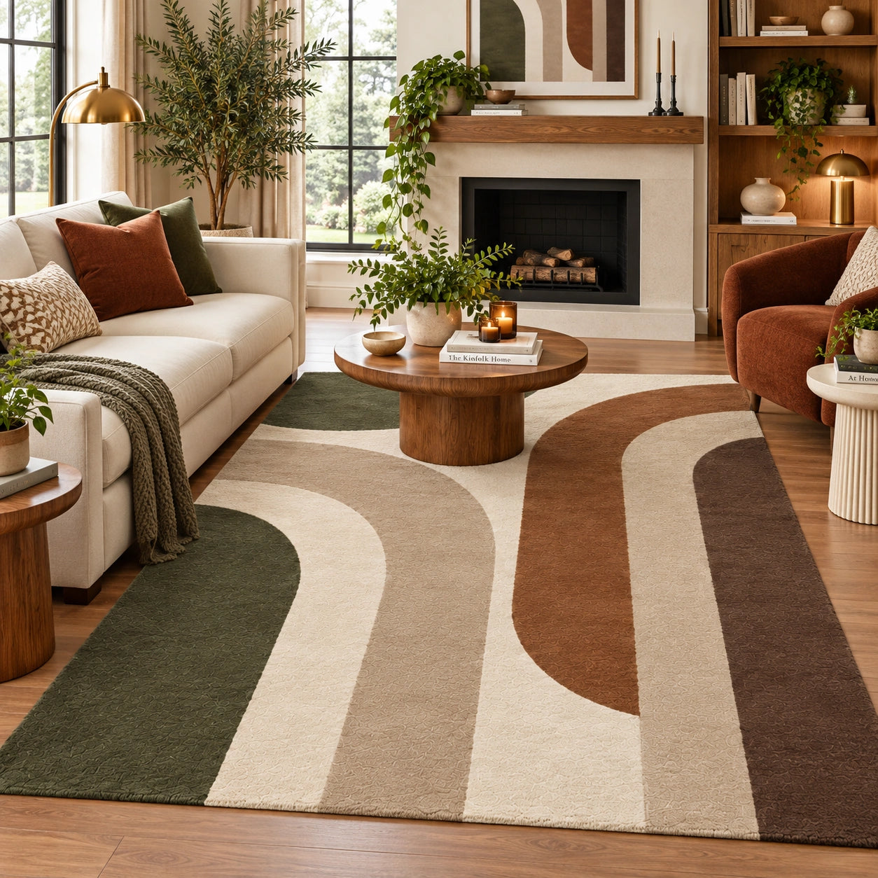 A large area rug with a mid-century modern abstract design in beige, brown, and dark green, styled in a cozy living room with a white sofa, wooden coffee table, and fireplace.