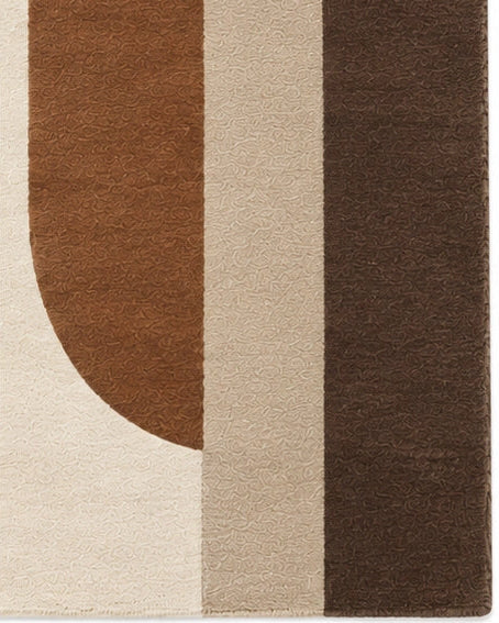 A rectangular area rug with a retro mid-century modern abstract design featuring curved arches in olive green, terracotta brown, taupe, cream, and dark brown on a cream background.