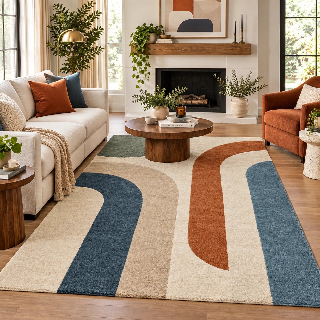A large area rug with a mid-century modern abstract design in navy blue, terracotta orange, and cream beige, styled in a bright, contemporary living room.