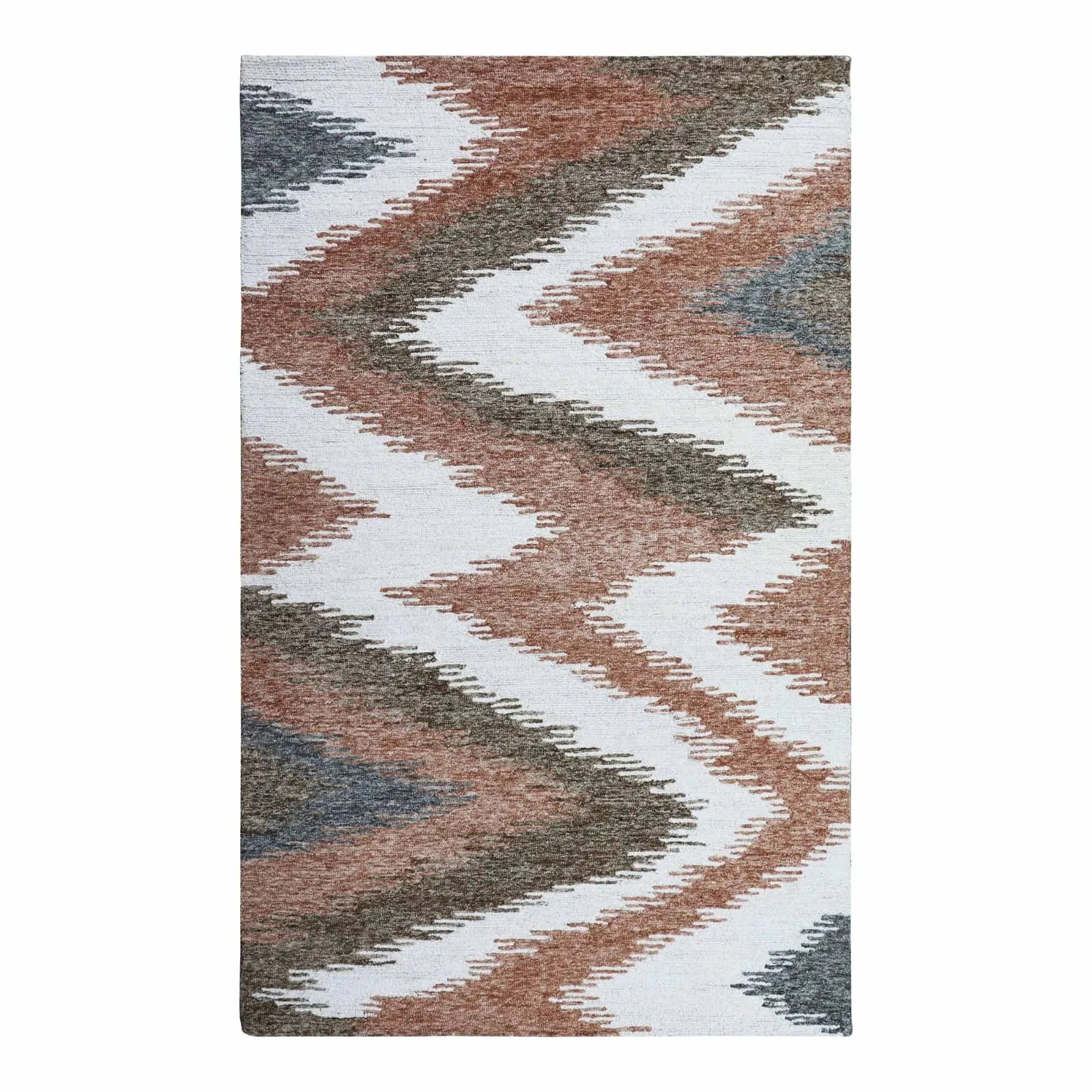 Hand-tufted chevron wool rug in brown and grey zigzag design.