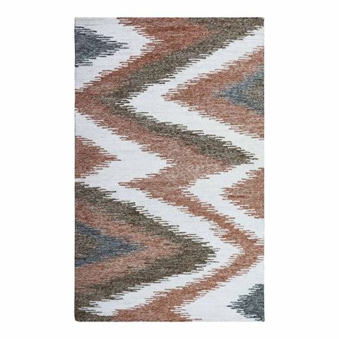 Hand-tufted chevron wool rug in brown and grey zigzag design.