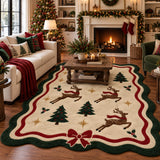 A large Christmas-themed area rug with a cream background, green border, red bow and border accents, and brown reindeer motifs, shown in a decorated living room with a fireplace, sofa, and holiday garlands.