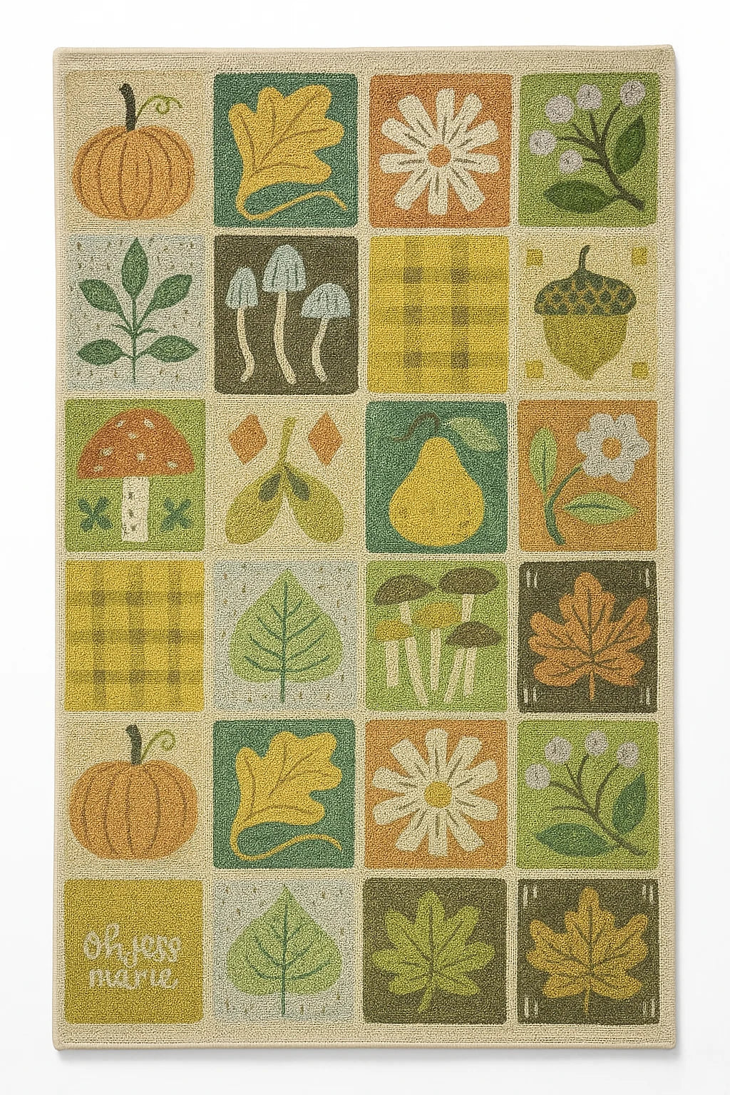 Machine washable fall rug with pumpkins, acorns, and autumn leaves.