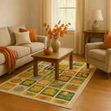 Cozy living room with fall-themed patchwork rug, neutral sofa and chair, orange accents, wooden coffee table
