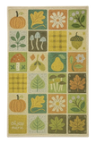 Fall season patchwork rug with pumpkins, leaves, flowers, mushrooms, acorn, pear, and plaid squares