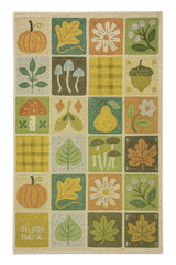 Machine washable fall rug with pumpkins, acorns, and autumn leaves.