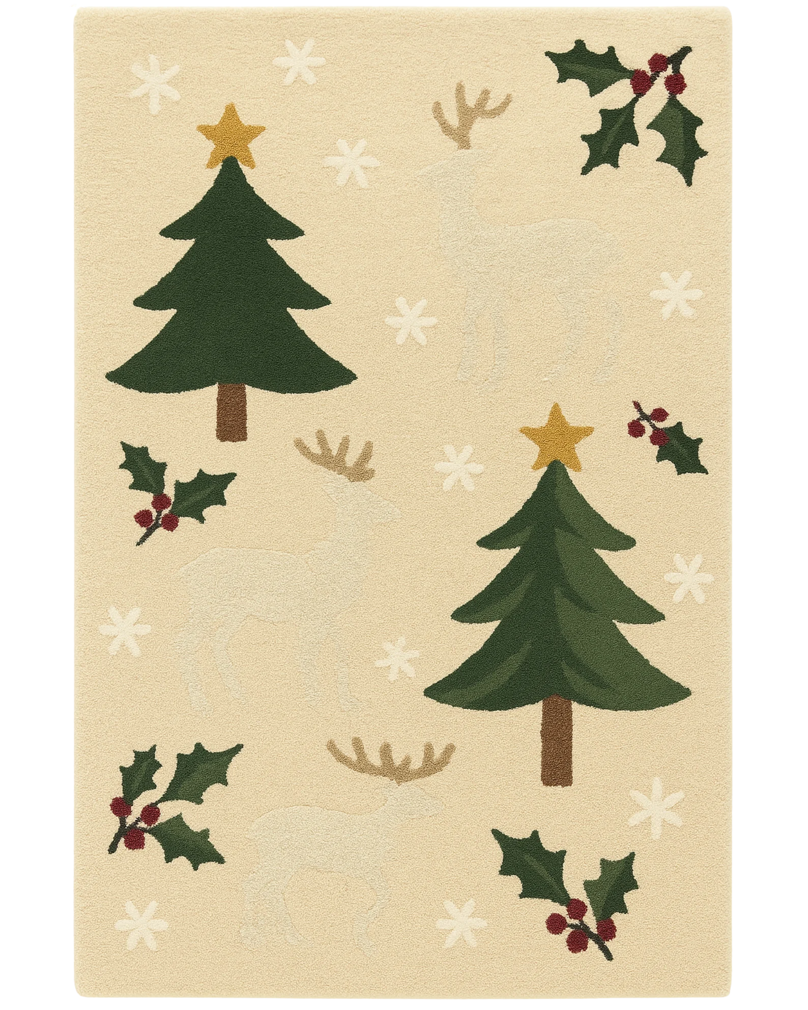 Festive Trees & Reindeer Hand-Tufted Wool Christmas Rug – Holiday Rug Décor.