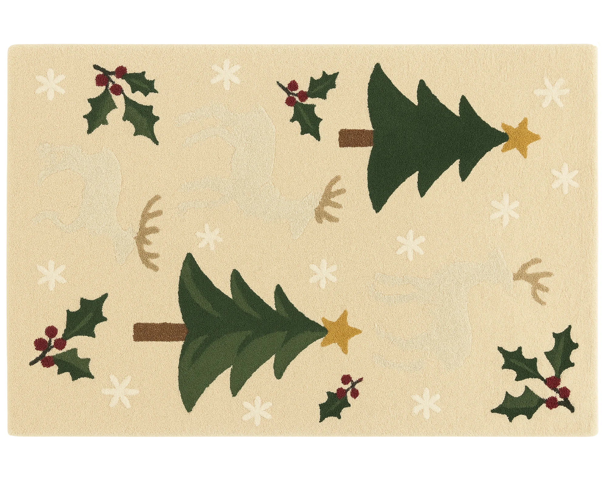 Beige wool Christmas Rug with reindeer and tree design – handmade holiday décor.
