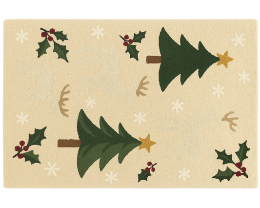 Beige wool Christmas Rug with reindeer and tree design – handmade holiday décor.