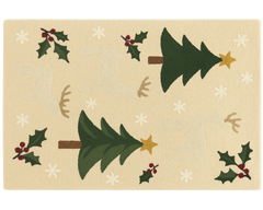 Beige wool Christmas Rug with reindeer and tree design – handmade holiday décor.