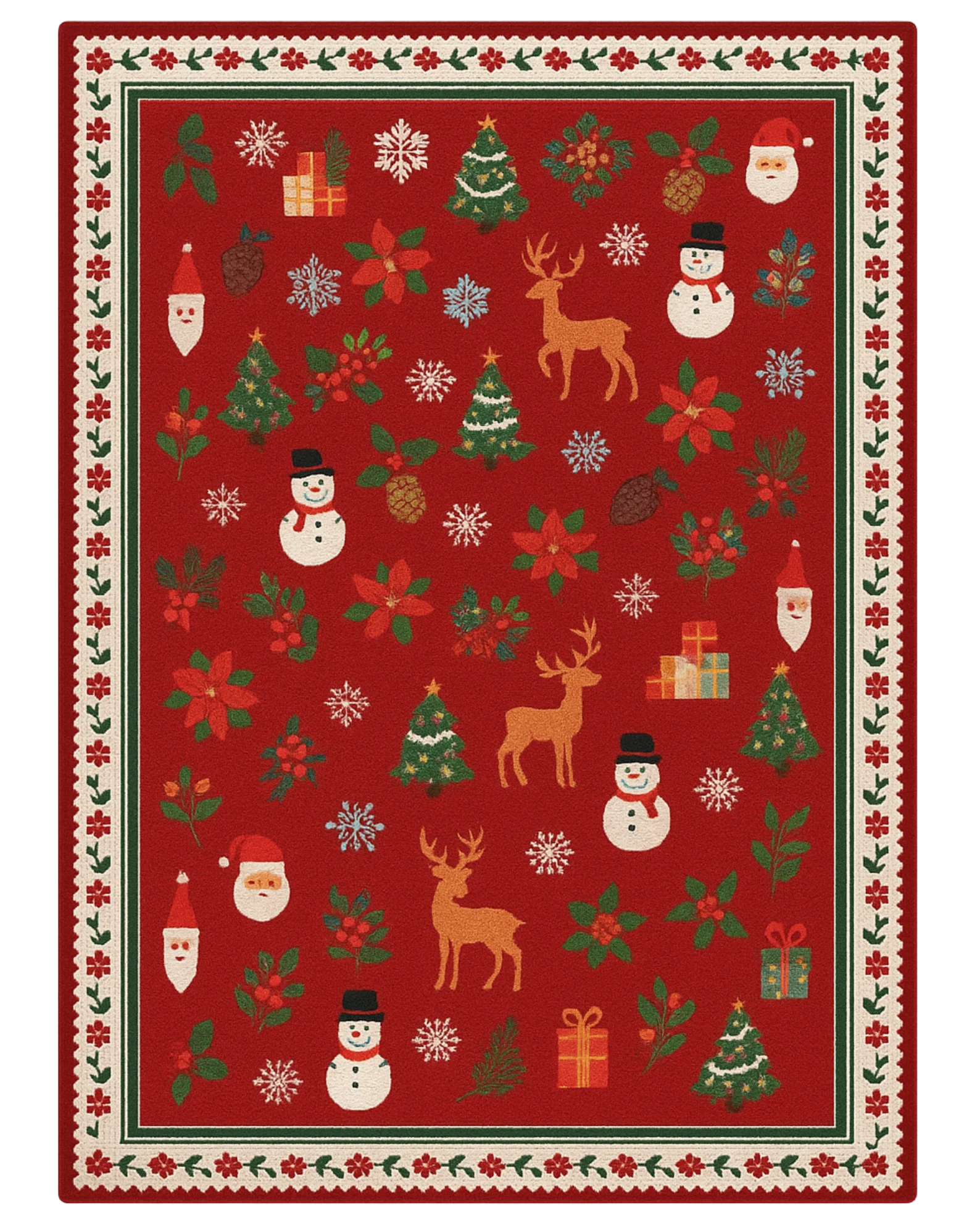 Festive Red Christmas Rug featuring reindeer, snowmen, and holiday motifs.